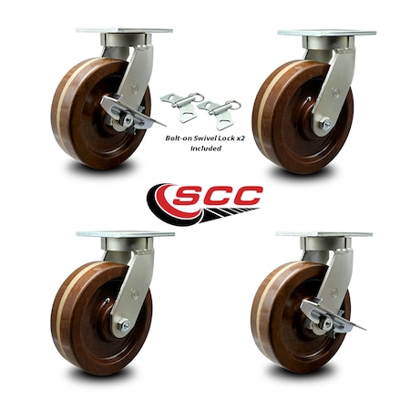 Service Caster 10 Inch Heavy Duty High Temp Phenolic Swivel Caster Swivel Locks 2 Brakes, 2PK SCC-KP92S1030-PHRHT-BSL-2-SLB-2